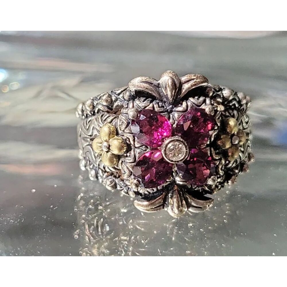 Barbara Bixby Sterling Silver 925 & 18K Gold Lotus Garnet Ring Size 6.25 w/ Box